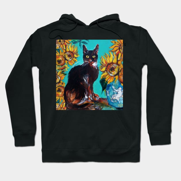 SUNFLOWERS WITH BLACK CAT IN BLUE TURQUOISE YELLOW COLORS Hoodie by BulganLumini